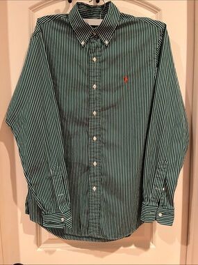 MENS RALPH LAUREN GREEN WHITE STRIPED PONY LOGO BUTTON DOWN LONG SLEEVE PREPPY M
